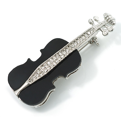 Silver Tone Crystal Violin Costume Brooch - main view
