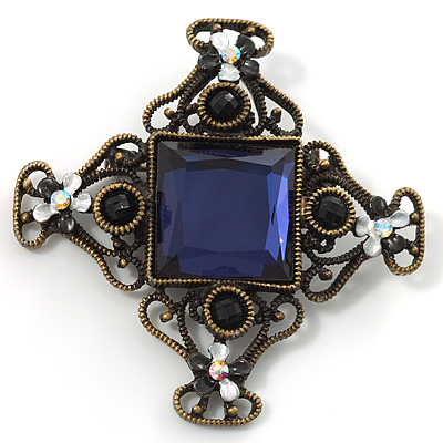 Blue Glass Square Vintage Brooch - main view