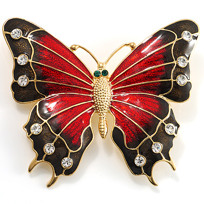 Oversized Gold Red Enamel Butterfly Brooch