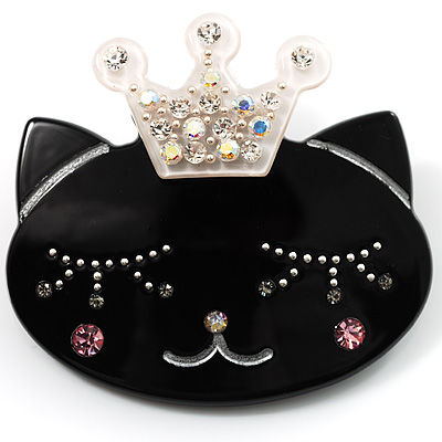 Black Plastic Queen Cat Brooch - main view