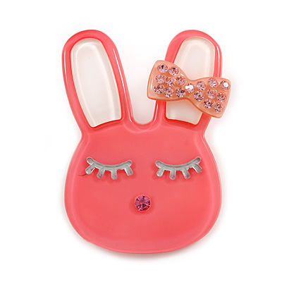 Cute Pink Plastic Bunny Brooch With Crystal Bow - main view