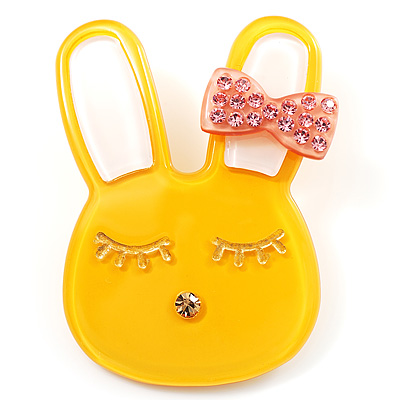 Cute Bright Yellow Plastic Bunny Brooch With Crystal Bow - main view
