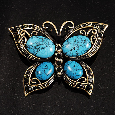 Vintage Turquoise Style Crystal Butterfly Brooch (Antique Gold) - main view