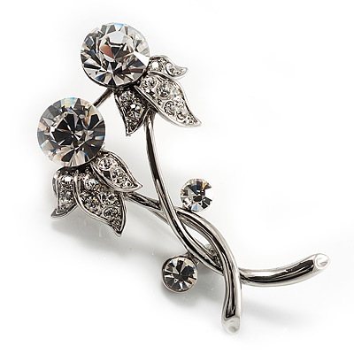 Elegant Clear Crystal Floral Brooch (Silver) - main view