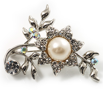 Faux Pearl Floral Brooch (Clear&Light Cream)