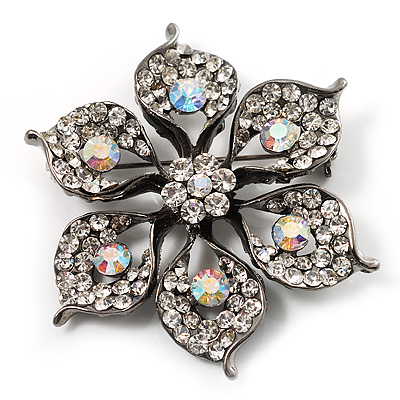 Sparkling Clear Crystal Flower Brooch (Black Tone) - main view