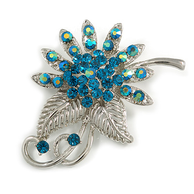 Sapphire Coloured Crystal Floral Brooch