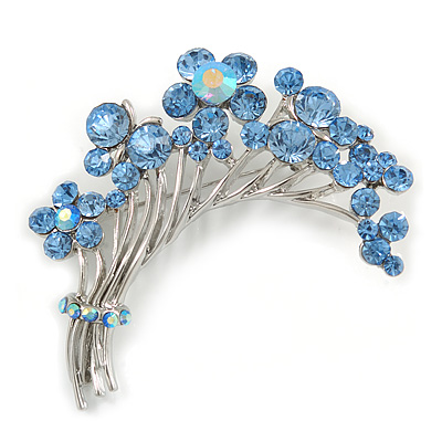 Flower And Butterfly Cluster Crystal Brooch (Sky Blue) - main view