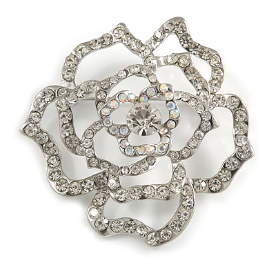 Stunning Clear Crystal Rose Brooch - main view