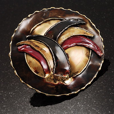 Three-Colour Shield-Shaped Ethnic Brooch (Gold, Red&Brown) - main view