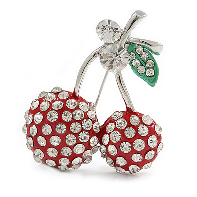 Clear Crystal Red Double Cherry Fashion Brooch - main view