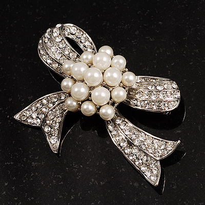 Crystal Faux Pearl Bow Brooch - main view