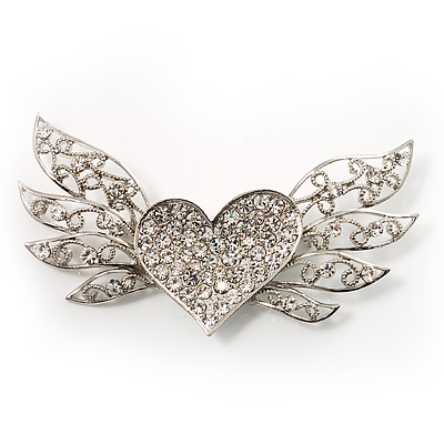 Heart & Wings Clear Crystal Fashion Brooch