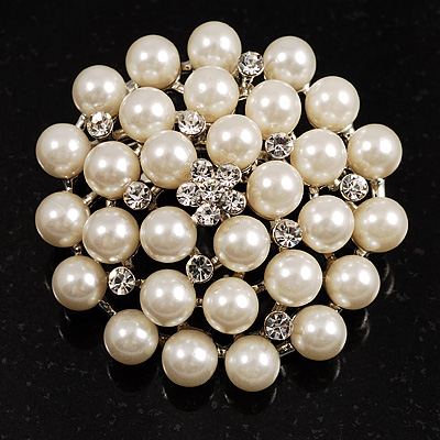 Snow White Simulated Glass Pearl Corsage Brooch - main view