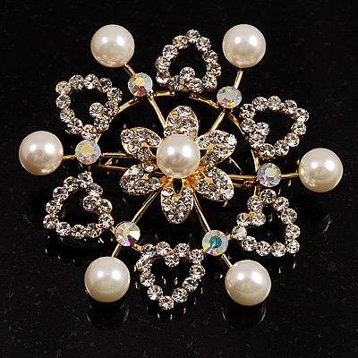 Gold Plated Faux Pearl Crystal Snowflake Brooch - main view