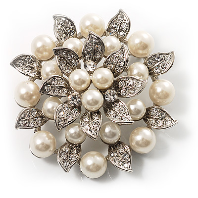 Bridal Faux Pearl Floral Brooch (Light Cream) - main view