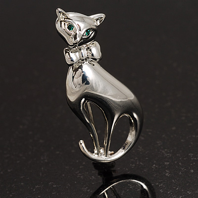 Silver Tone Sitting Cat Brooch - main view