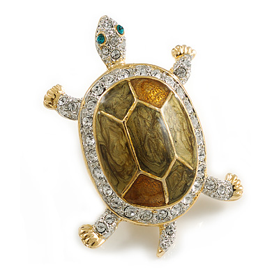 Fortunate Crystal Enamel Turtle Brooch (Gold&Olive) - main view
