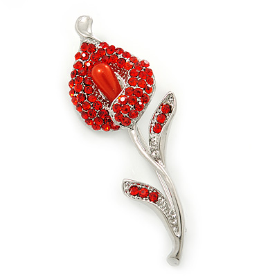 Red Crystal Calla Lily Brooch In Rhodium Plating - main view