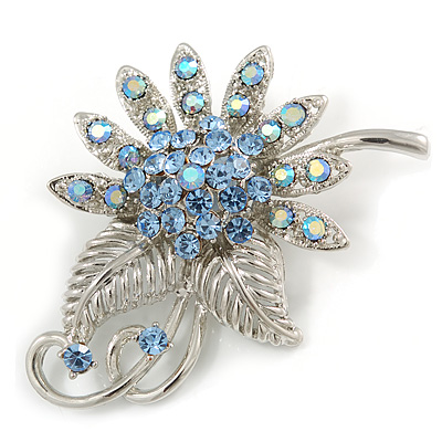 Light Blue Crystal Floral Brooch (Silver Tone) - main view