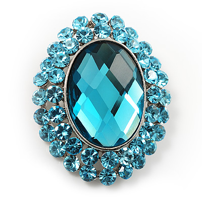Turquoise Coloured Crystal Button Shaped Fashion Brooch - main view