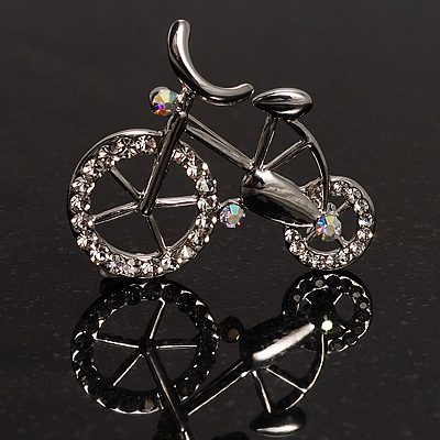 Rhodium Plated Crystal Bicycle Brooch - main view