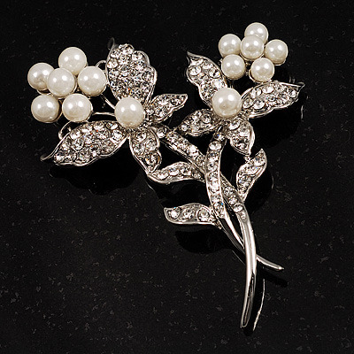 Whimsical Imitation Pearl Floral Butterfly Brooch - main view