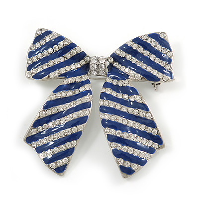 Large Enamel Crystal Bow Brooch (Blue) - main view