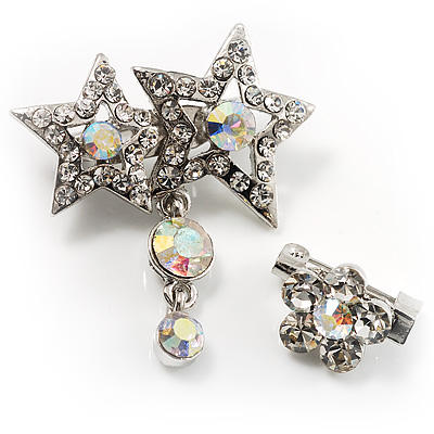Pair of Stars and Flower Crystal Set Of 2 Brooches - main view