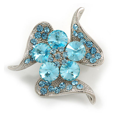 Dazzling Light Blue Crystal Floral Brooch - main view