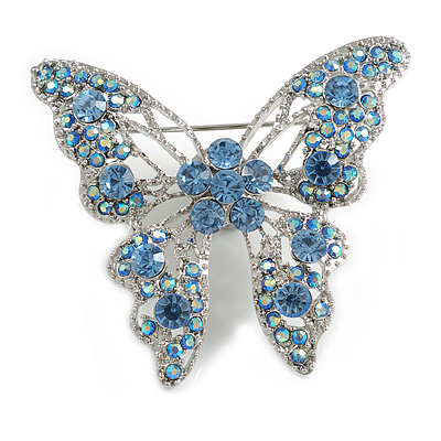 Dazzling Light Blue Crystal Butterfly Brooch - main view
