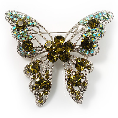 Dazzling Olive Green Crystal Butterfly Brooch - main view
