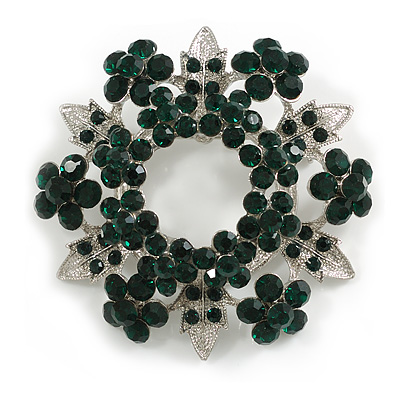 Emerald Green Crystal Wreath Brooch in Silver Tone - 50mm Diameter - main view
