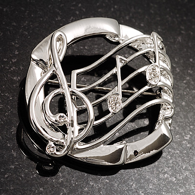 Rhodium Plated Music Treble Clef & Notes Crystal Brooch - main view