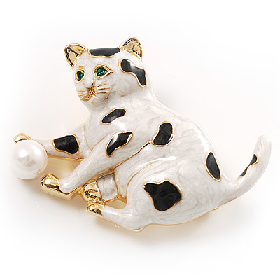 White Enamel Cat&Ball Brooch - main view