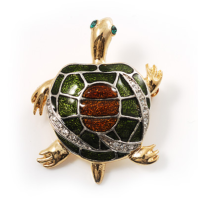 Small Enamel Crystal Turtle Brooch (Green&Brown) - main view