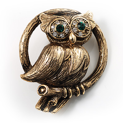 Vintage Crystal Owl Brooch (Antique Gold)