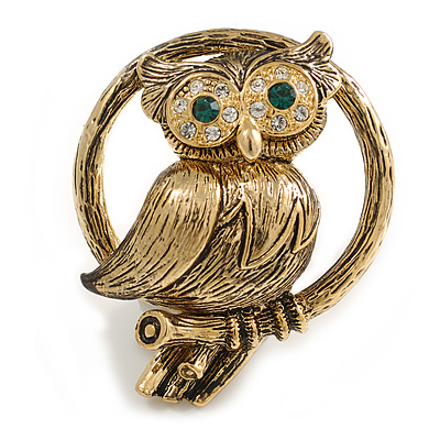 Vintage Crystal Owl Brooch (Antique Gold) - main view