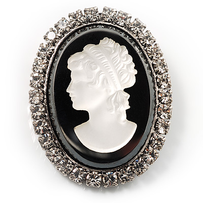 Silver Tone Crystal Glass Cameo Brooch (Black&White) - main view
