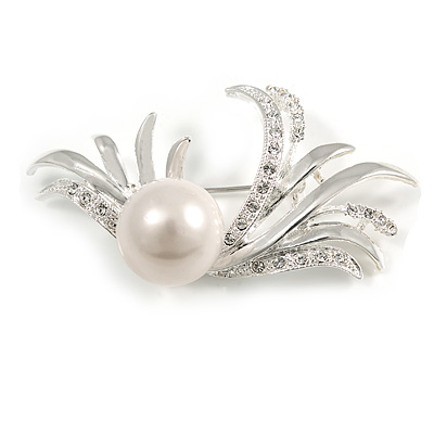 Rhodium Plated Delicate Faux Pearl Fashion Brooch