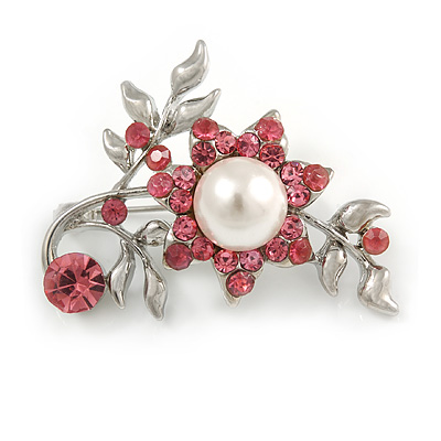 Faux Pearl Floral Brooch (Pink)