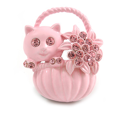 Kitten In The Basket Crystal Brooch (Pink) - main view