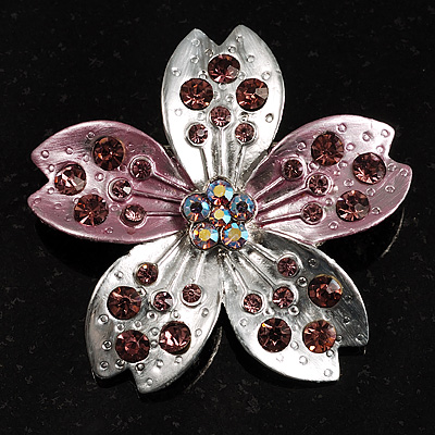 Enamel Crystal Flower Brooch (Pink&Silver) - main view