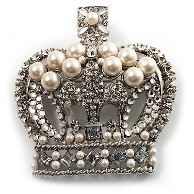 Oversized Statement Simulated Pearl And Crystal Crown Brooch - main view