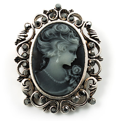 Antique Silver Cameo Brooch (Jet Black&Grey) - main view