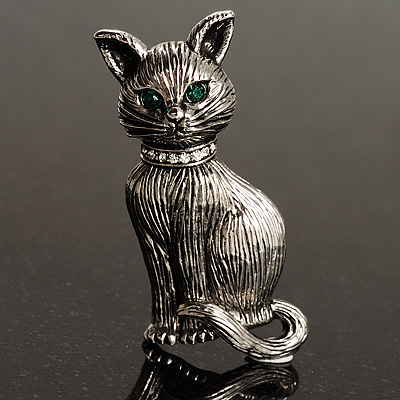 Vintage Cat Brooch (Antique Silver Tone) - main view