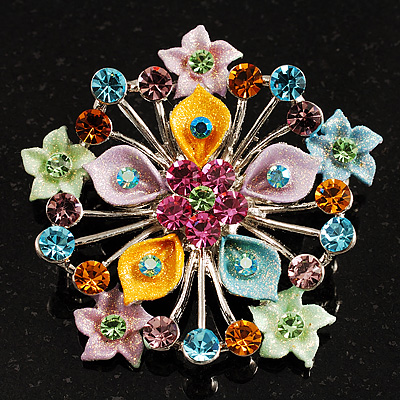 Multicoloured Glittering Diamante Floral Brooch (Silver Tone) - main view