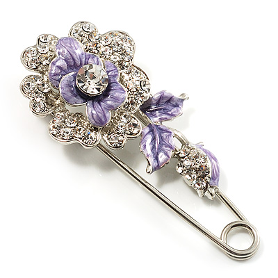 Silver Tone Crystal Rose Safety Pin Brooch (Purple)