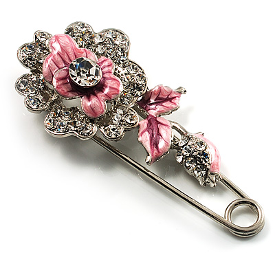 Silver Tone Crystal Rose Safety Pin Brooch (Pink) - main view