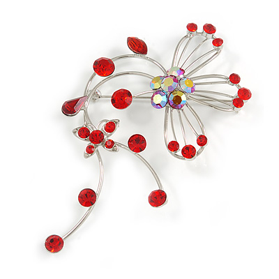 Red Flower And Butterfly Art Nouveau Brooch (Silver Tone) - main view